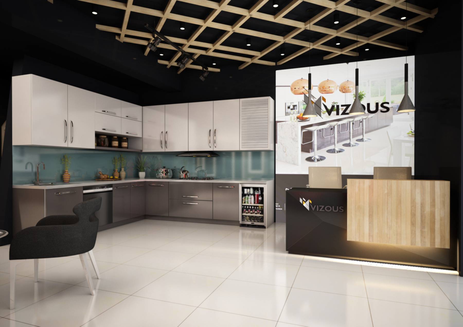 Contemporary showroom reception area design with kitchen display.